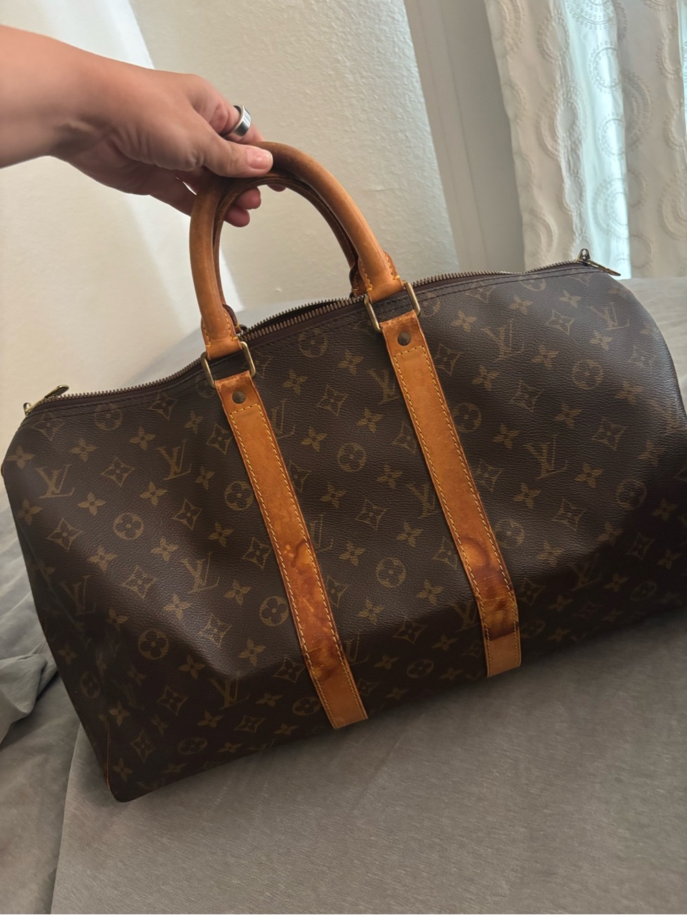 Louis Vuitton Brown Monogram Canvas Duffel with Tan Leather Trim